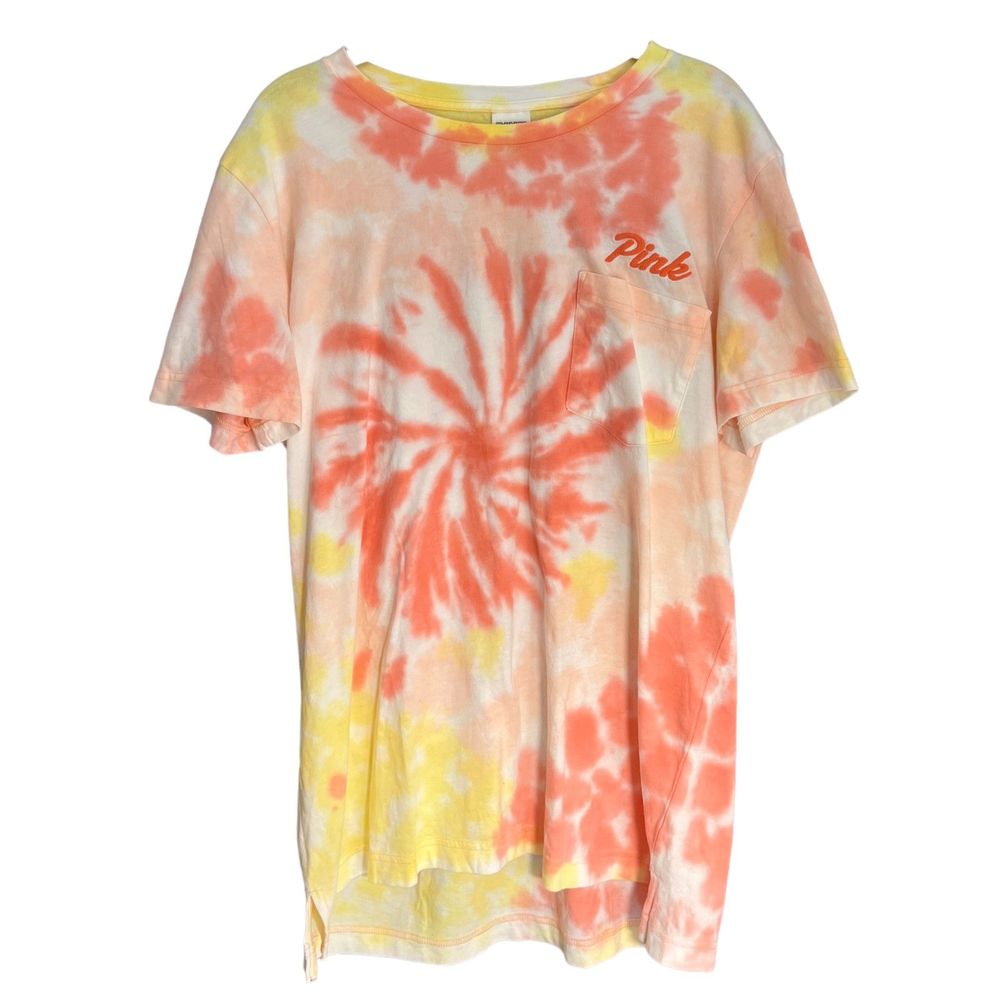 PINK Shirt Womens Medium Pink Yellow Tie Dye Victorias Secret Short Sleeve